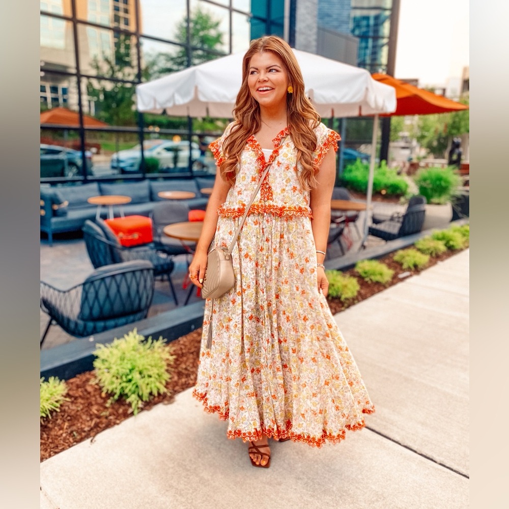 **free people Vintage-Inspired Floral Maxi Dress with Red Crochet Trim - Size M*